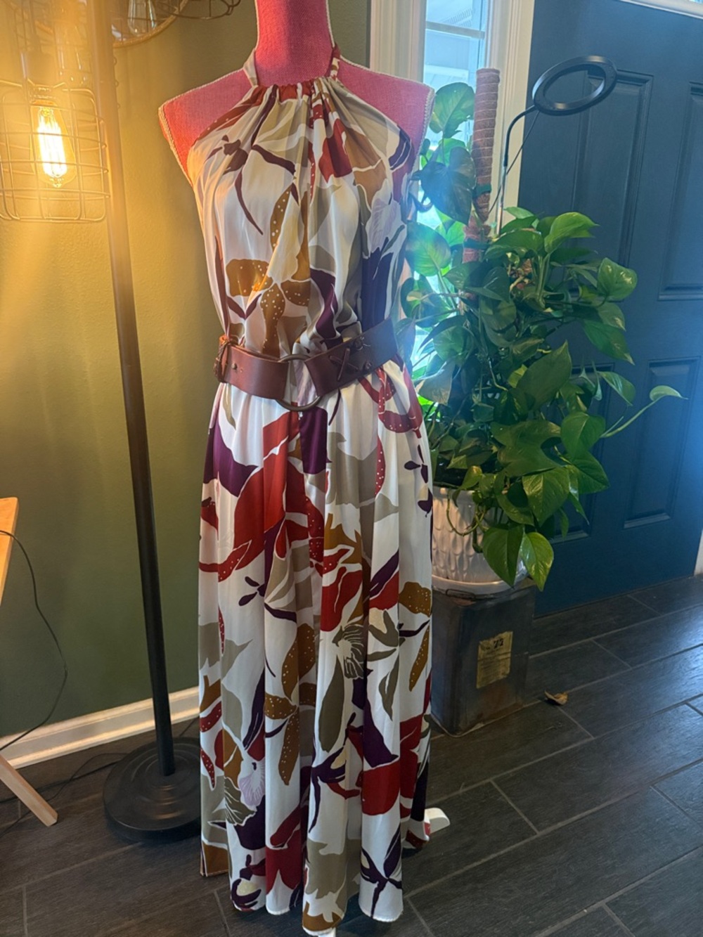 Halter Floral Maxi Dress in Cream, browns and yellow. Belt is not included.